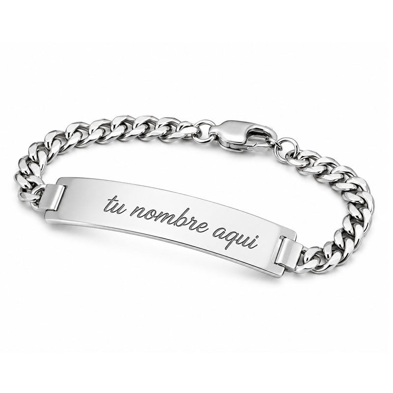 Esclava personalizada, placa 40 x 8 mm aprox., tejido cubana 5 mm, 12 g aprox., grabado láser, plata .925